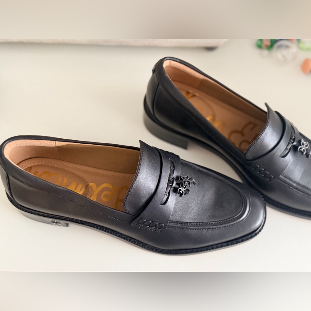 Sam Edelman Black Leather Penny Loafers with Fleur Charm